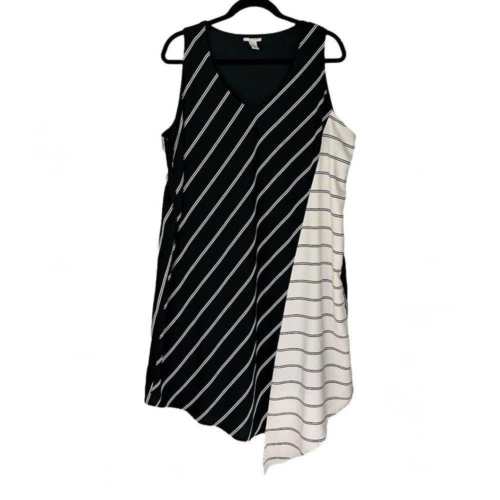 Halogen Black White Striped Asymmetric V-Neck Sleeveless Dress 16W